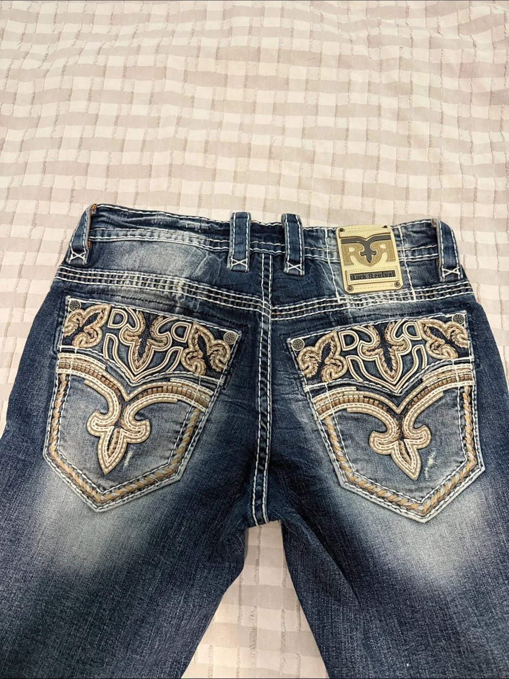 Rock Revival Dark Blue Denim Jeans with Gold Embroidered Pocket